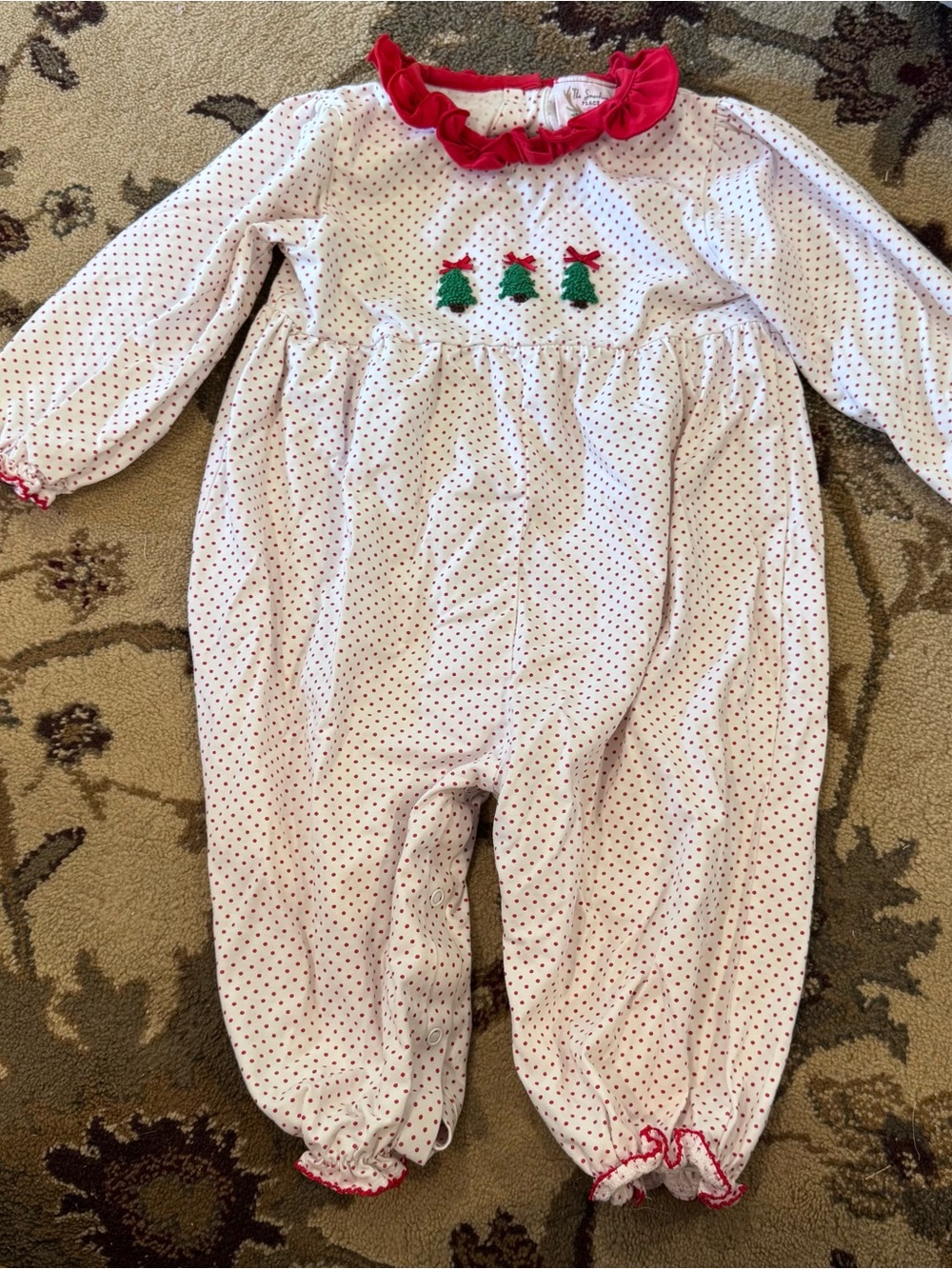 Children's White & Red Polka Dot One-Piece with Green Tree Appliqué